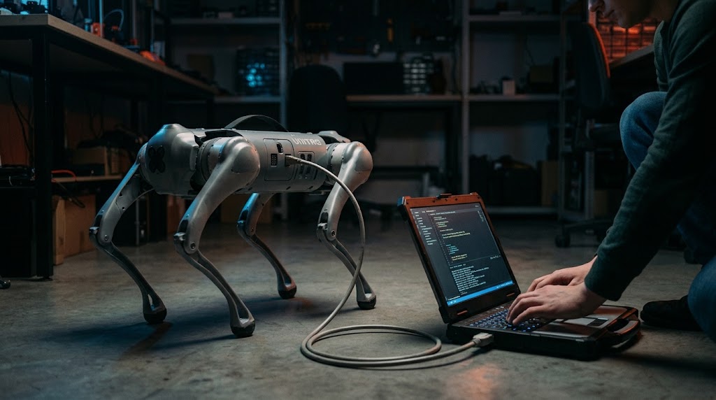 Student programming a quadruped robot dog with a laptop