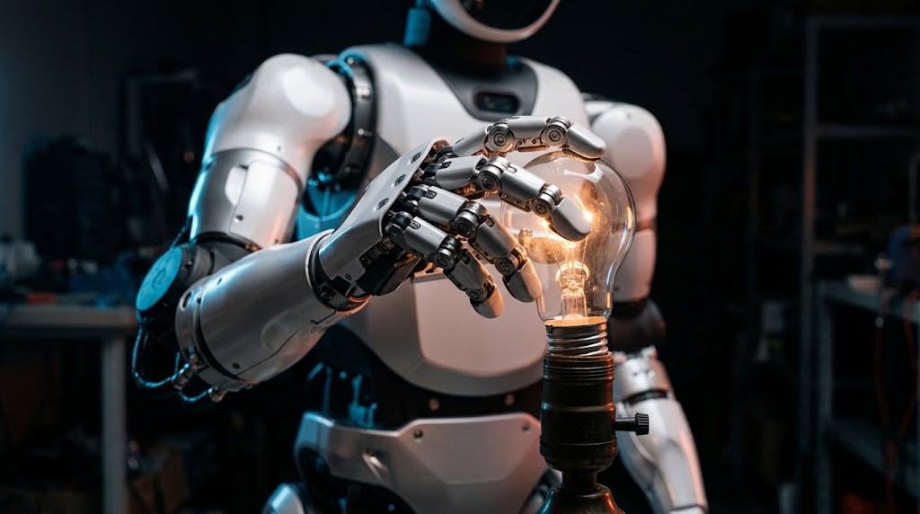 Humanoid robot with a dexterous hand holding a lightbulb