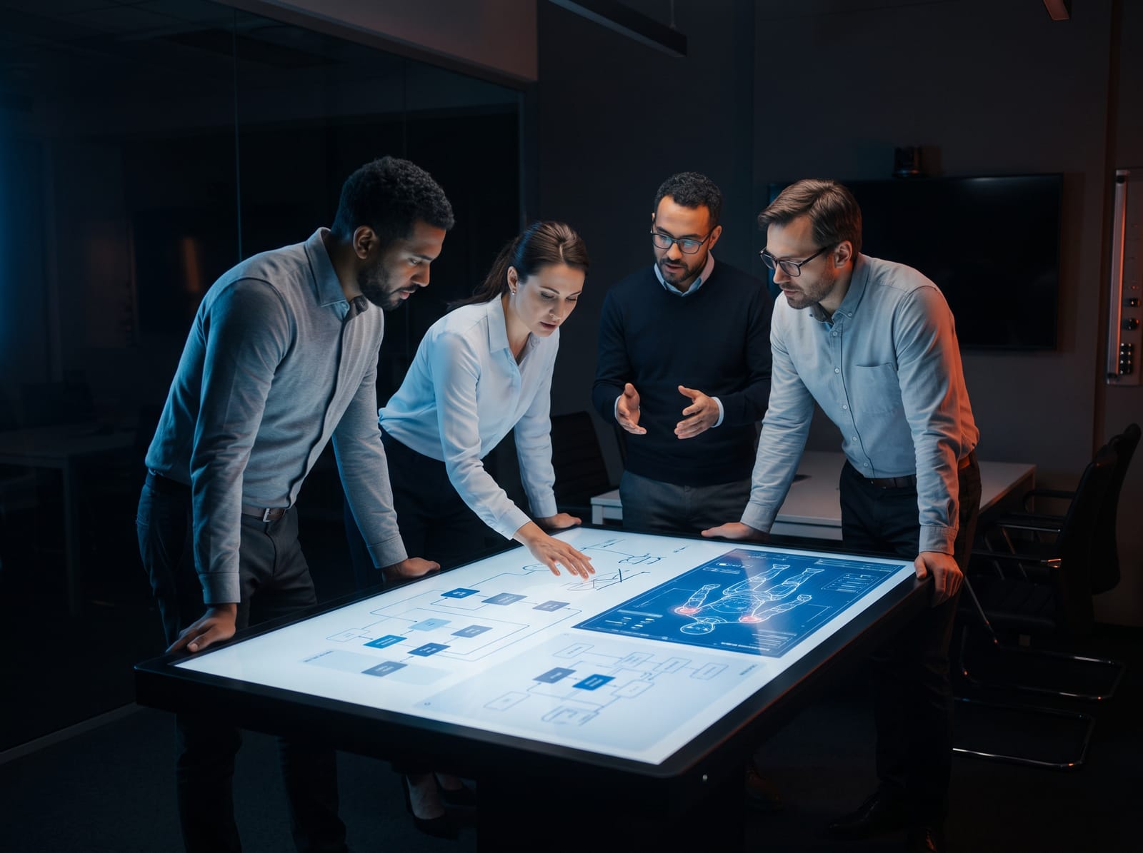 Team reviewing a robotics architecture diagram