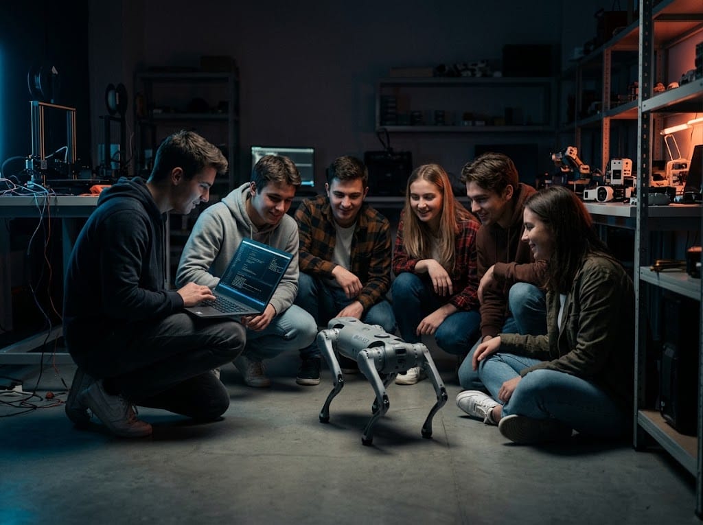 Students working with a quadruped robot in a classroom