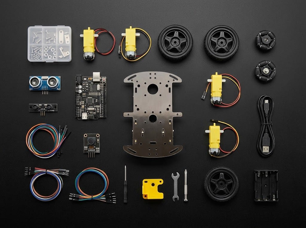 Robotics kit components laid out on a dark surface