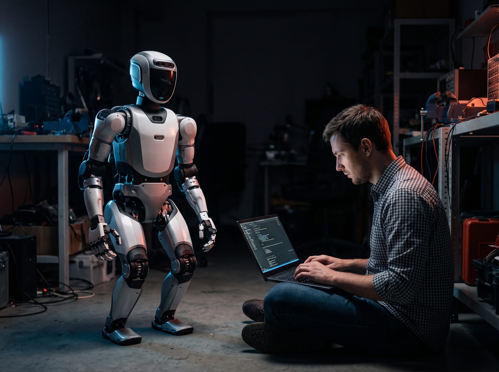 Engineer programming a humanoid robot